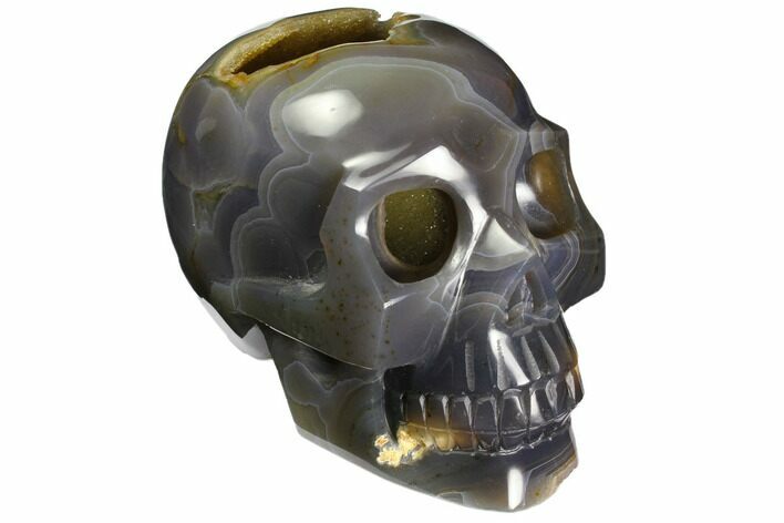 Polished Banded Agate Skull with Quartz Crystal Pocket #148123